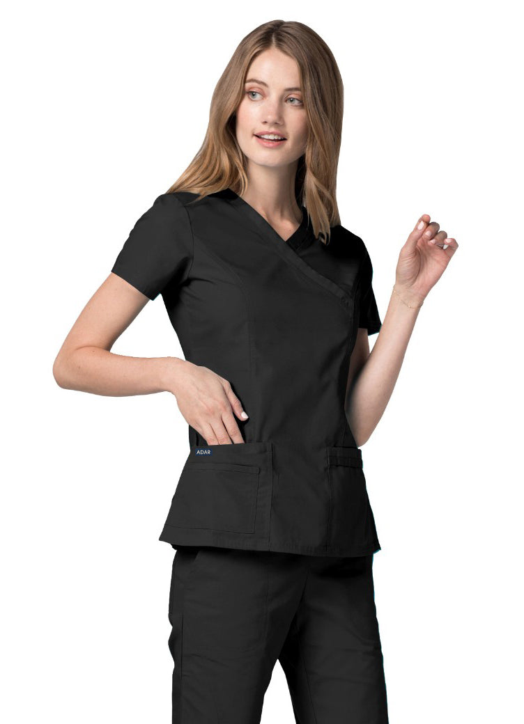 Adar Universal Double Stitched Mock Wrap Scrub Top