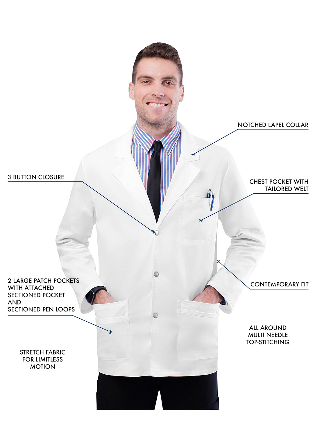 Adar Universal STRETCH Mens 31 inch Snap Front Lab Coat