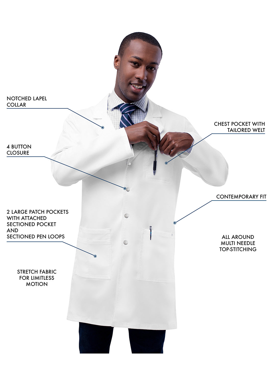 Adar Universal STRETCH Unisex 36 inch Snap Front Lab Coat